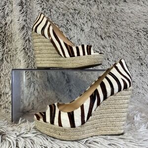 Vince Camuto‎ Totsi Espadrille Wedges Brown Zebra Print Stripe Peep Toe Size 8